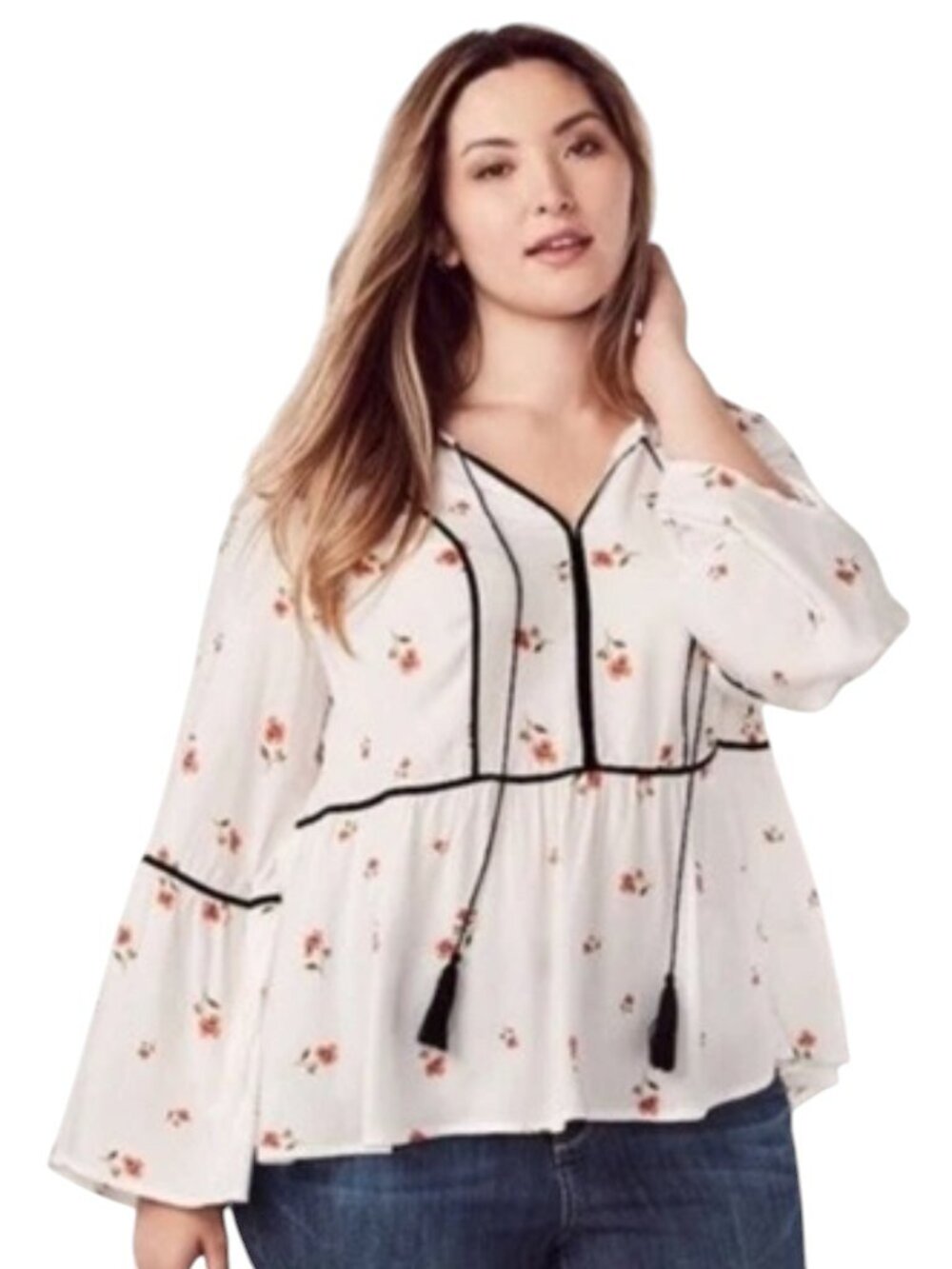 LC Lauren Conrad White Floral V-Neck Bell Sleeve Top Black Trim Tassel Accents